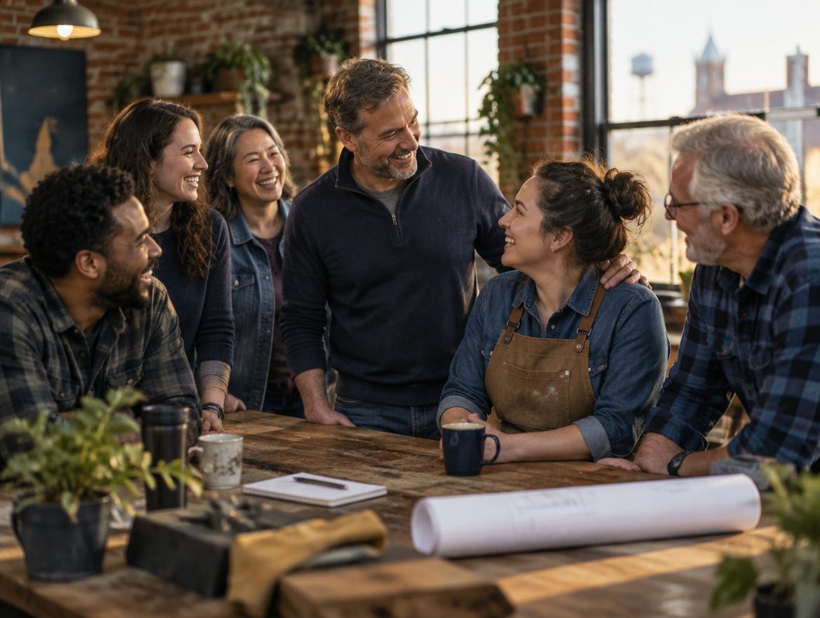 A small business team laughing together around a worktable in a brick workshop